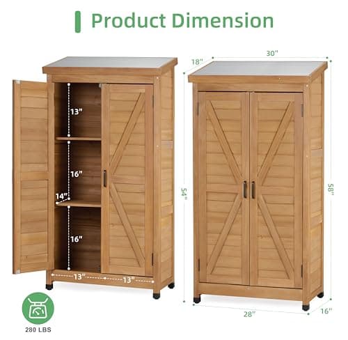 58''x30''x18'' Outdoor Wooden Storage Shed with Metal Top Tall Vertical Tool Cabinet for Backyard Garden Patio Lawn (Gold)