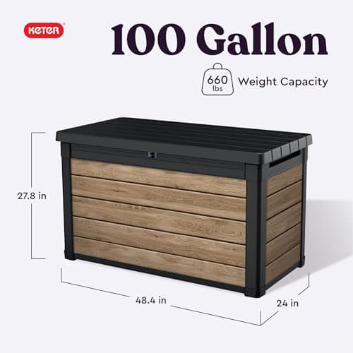 Keter Signature Collection 100 Gallon Resin Deck Box Organization and Storage Box for Patio Outdoor Cushions, Throw Pillows, Garden Tools and Pool Supplies, Ashwood