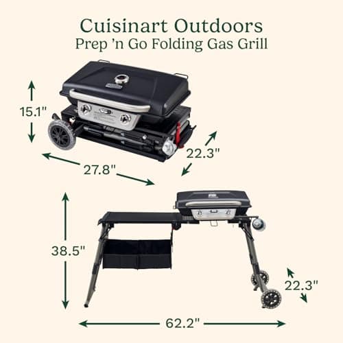 Cuisinart Prep ‘N Go Folding Gas Grill, Portable Stand-Up Propane Grill with Compact Fold and Storage Tote, Wheels and Side Table, 18,000 BTUs for Camping, Tailgating, Outdoor Cooking