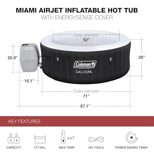 Coleman Miami AirJet Large Round 2 to 4 Person Inflatable Hot Tub Portable Outdoor Spa with 120 AirJets and EnergySense Cover, Black