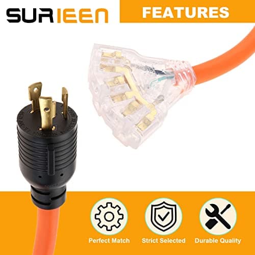 30Amp to 20Amp 110V Generator Adapter Cord, 3 Prong NEMA L5-30P to 5-20R/5-15R Generator Adapter Distribution Locking Cord with Lighted Power Indicator, STW 10 AGW, 1.5FT, ETL Listed