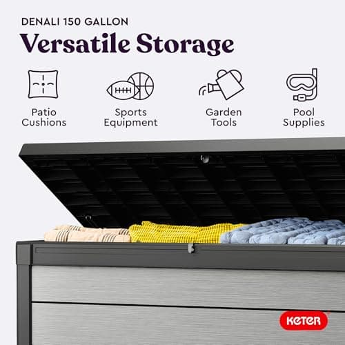 Keter Denali 150 Gallon Resin Large Deck Box with Double Wall 20mm Panels - Paintable and Drillable-Organization and Storage for Patio Storage Box and Outdoor Items, Grey & Black