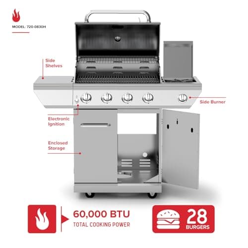 Nexgrill 4-Burner Propane Gas Grill in Stainless Steel with Side Burner, 60000BTUs, 626 sq. in. Cooking Space, Perfect for Outdoor Cooking & Grilling, Patios, BBQ, Backyards, Silver, 720-0830H