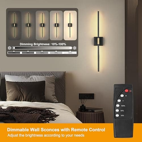 Battery Operated Wall Sconces Set of 2, Dimmable Battery Wall Sconce with Remote Control, Black Gold LED Rechargeable Sconces, 24 Inch Modern Wireless Wall Lights for Bedroom, Living Room