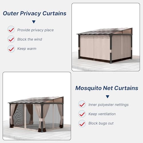 Gotland 10FTx12FT Outdoor Wall-Mounted Hardtop Pergola, Metal Frame Gazebo with Sloping Sun Panel Roof and Double Curtains for Patio, Garden, Lawn, Khaki
