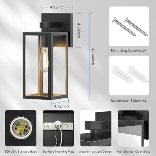 Porch Wall Lights Outdoor, Waterproof Lanterns with Frame and Clear Glass Shade, Exterior Front Porch Light Matte Black Wall Sconce, Modern Mounted Lighting for Patio Entryway Hallway