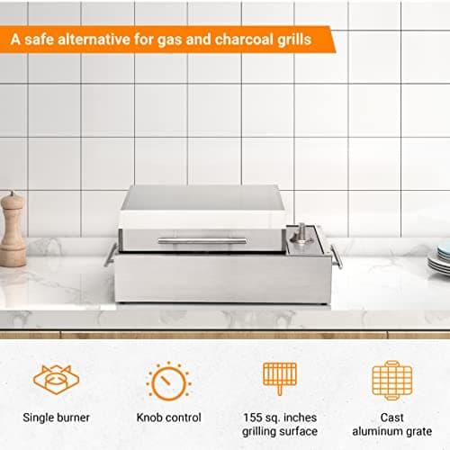 KENYON B70200 City Grill, Portable Grill, Stainless Steel, Single Burner, Knob Control, Faceted Lid, UL Approved For Use Indoors And Outdoors, Flame-Free, 120V