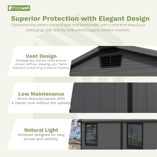 Patiowell 6 x 8 FT Plastic Outdoor Storage Shed with Floor, Resin Outside Tool Shed with Two Windows and Lockable Door for Garden, Backyard, Tool Storage Use, Easy to Install, Dark Grey