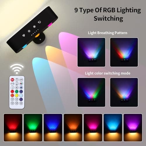 Wall Lights with Remote,Battery Operated Wall Sconce,3 Colors Temp & 9 RGB Ambient Sconce,Magnetic 360° Rotation Cordless Wall Mounted Lamps for Bedroom Bedside,Reading Bedside(Black)
