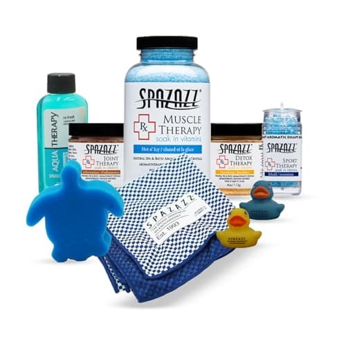 Spazazz Sports Athlete Hot Tub & Bath Salt Gift Bundle - Muscle Therapy 19 oz, Rx Joint 4oz, Detox 4oz, Aqua Therapy Re-Fresh 2.5oz, Sport Aroma Beads .5oz, scum Sponge, Hot/Cold Towel, Rubber Duck