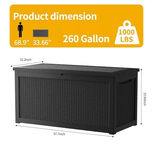 260 Gallon Resin Deck Box, Waterproof Outdoor Storage Box, Lockable for Patio Furniture, Garden Tools, Pool Accessories, UV-Resistant for All Weather Use, Black