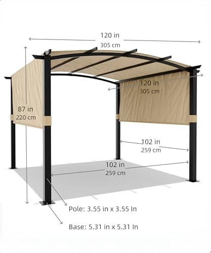 10 x 10 Ft Outdoor Arched Pergola, Metal Pergola with Retractable Canopy, Arched Style Gazebos for Backyard, Lawn, Patios (Khaki)