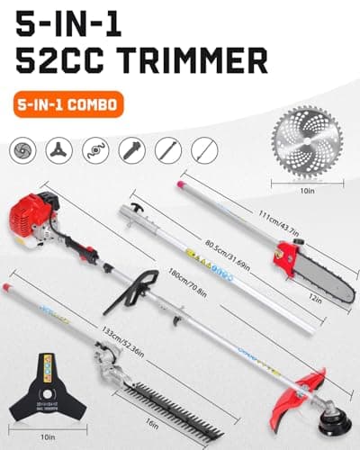 5-in-1 Weed Wacker Gas Powered – 52CC 2-Stroke String Trimmer/Edger, Pole Saw, Hedge Trimmer and Brush Cutter Blade with Extension Pole – Gas Powered Yard Tool for Landscaping (GC5080)