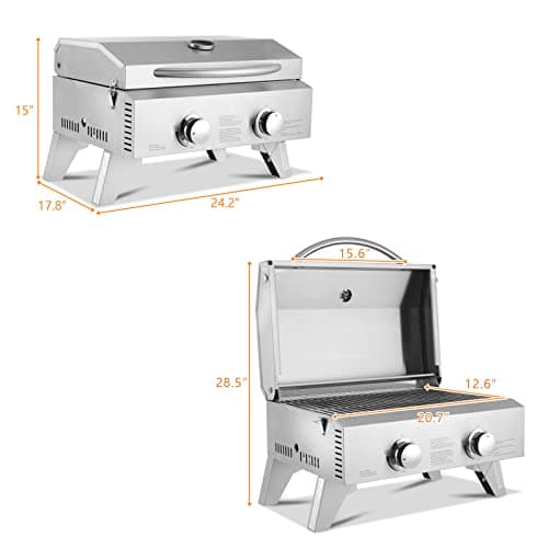 ROVSUN Portable Gas Grill with 2 Burner, 20,000BTU Large Tabletop Camping Propane Griddle for Outdoor Patio Garden BBQ Picnic Tailgating Trip Home Use with Stainless Steel Body, Regulator & Hose
