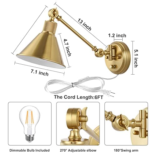 TRLIFE Wall Sconce Plug in, Dimmable Wall Sconces Set of 2 Wall Lights with Plug in Cord and Dimmer On/Off Knob Switch, Brushed Brass Swing Arm Wall Light, UL Listed(2 Pack, 2 Bulbs)