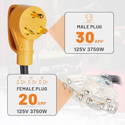 MECMO 30 Amp to 20 Amp 110V RV Distribution Adapter NEMA TT-30P Male to 3X 5-15R/5-20R, 30 Amp to Triple 15 Amp / 20 Amp 3-Prong to Multiple Household Outlet RV Generator Distribution Cord ETL Listed