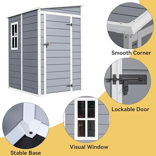 DWVO 5x4 FT Outdoor Storage Shed with Reinforced Floor, All-Weather Resin Storage Shed with Lockable Door & Window, Waterproof Plastic Tool Storage for Garden, Backyard, Patio, Lawn