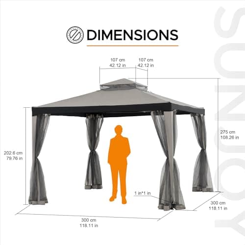 Sunjoy 10 x 10 ft. Soft Top Gazebo, Outdoor Patio Backyard Modern Grey 2-Tier Steel Frame Gazebo with Mesh Netting
