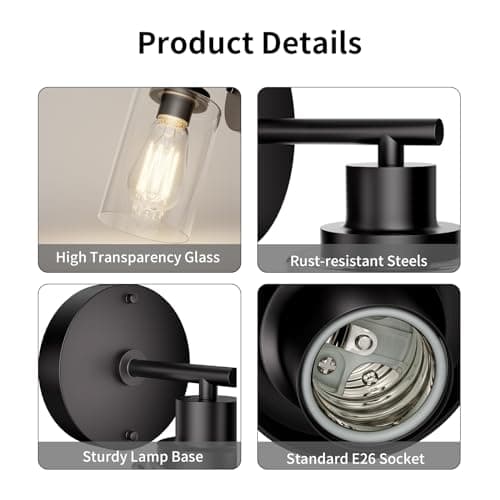 Black Wall Sconce Light: Modern Wall Sconces Indoor, LED Wall Light Fixtures with E26 Base and Clear Glass Shade, Sconces Wall Lighting for Hallway, Bedroom, Living Room, and Mirror