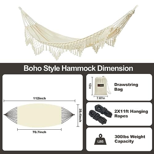 JoyView Boho Macrame Single Hammock with Hanging Ropes & Elegant Tassels 78.8x39.4 Portable Cotton Hammock for Patio Backyard Porch 300LBS Weight Capacity Perfect for Outdoor/Indoor - Beige Color