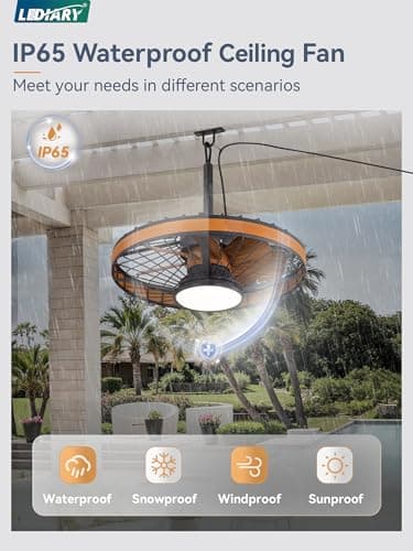 LEDIARY Outdoor Ceiling Fans with Lights, IP65 Waterproof Gazebo Fan with Hanging Hook,6 Speeds, 3CCT, 20 Inch Wet Rated Plug in Ceiling Fan for Patios,Porch, Pergola,Canopy