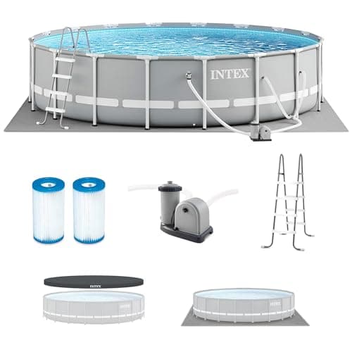 Intex 26731EH Prism Frame Premium Above Ground Swimming Pool Set: 18ft x 48in – Includes 1500 GPH Cartridge Filter Pump – Removable Ladder – Pool Cover – Ground Cloth