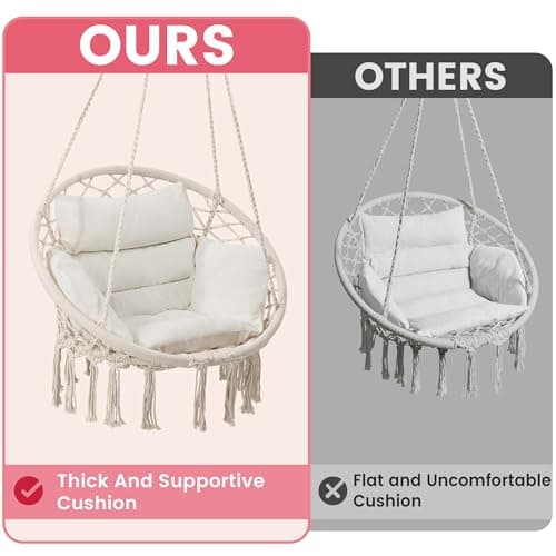 Macrame Hammock Hanging Swinging Chair with Medium Cushion, Perfect for Bedroom, Porch, Adults, Balcony, Beige