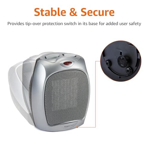 Amazon Basics Ceramic Space Heater, Portable Heater for Indoor Use, for Office and Home, With Overheat and Tip-Over Protection, Thermostat, Non-Oscillating, 1500W, Silver, 7.52"D x 6.34"W x 9.45"H