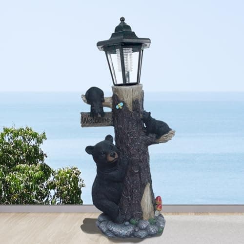 Bear Statue Welcome Sign Garden Statue with Solar Lights, 19 Inches Resin Bear Family on The Tree, Outdoor Bear Décor for Yard, Garden, Lawn, Patio, Black and Brown Animal Statue