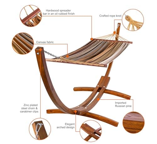Lazy Daze Hammocks Cotton Fabric Spreader Bar Hammock and 10.5 Ft Wood Arc Hammock Stand Combo, for Indoor, Outdoor,Patio, Backyard, Khaki and Brown