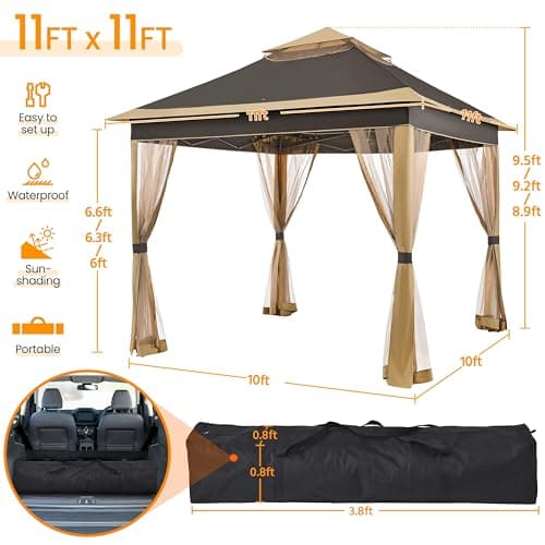 Yaheetech 11x11 Pop Up Gazebo Outdoor Canopy Shelter, Instant Patio Gazebo Sun Shade Canopy Tent with 4 Sandbags, 2 Tiers Roof & Mesh Netting for Lawn, Garden, Backyard & Deck, Brown