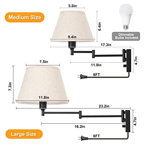 TRLIFE Wall Sconce Plug in, Remote Control Dimming 10-100% and Adjustable Color Temperature 2700K-6500K Swing Arm Wall Lights with Plug in Cord, 11.8" Large Beige Fabric Shade(2 Pack, 2 Bulbs)