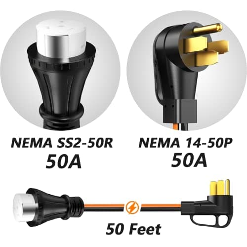 50 Amp 50 Foot RV Extension Cord, 14-50P to SS2-50R Heavy Duty STW Generator Extension Cord for RV Camper and Generator to House, with Locking Connector and Cord Organizer(50 Foot Black&Orange)