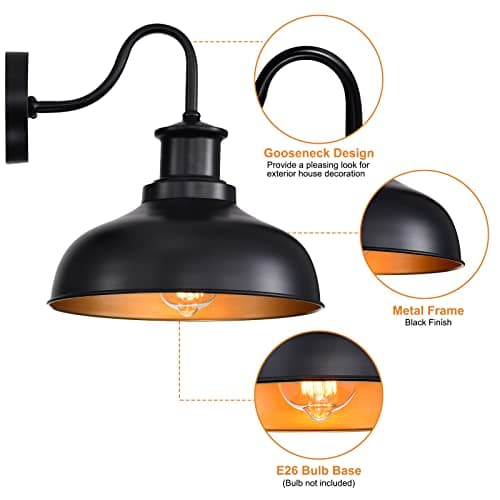 Outdoor Gooseneck Barn Light Outdoor Wall Sconce Farmhouse Rustic Exterior Wall Mount Lights Vintage Outside Lighting Fixture Industrial Black Lantern for Porch Entryway Garage,1 Pack, RZ007 BK