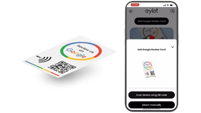 Google review card v3 from eylet | No Subscription, faster NFC Taps and QR code for instant sharing of the Google review link for your business, works with iPhone and Android.