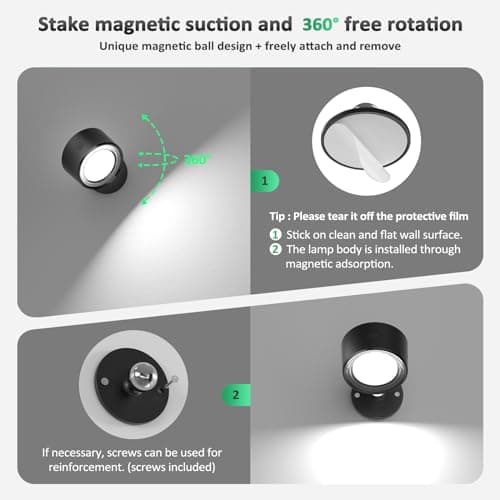 LED Wall Mounted Lights 2 Pcs with Remote, Wall Sconces Lamp 3000mAh Rechargeable Battery Operated, 3 Color Temperatures & Dimmable Magnetic 360° Rotation Cordless Light for Bedroom Bedside