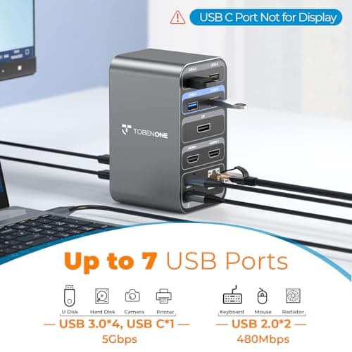 TobenONE Docking Station 3 Monitors, Laptop Docking Station with Power Supply 100W, 2 HDMI, DP, 7 USB C/A Port, Ethernet, Audio, 87W Charging for Thunderbolt 4/3, USB4, USB-C Windows&ChromeOS