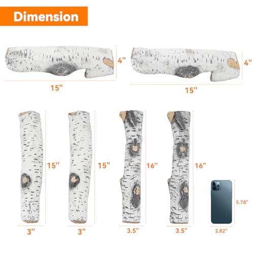 Skyflame 6 Piece Set of Gas Fireplace Logs, Large White Birch Ceramic Logs for All Types of Indoor/Outdoor Gas Inserts, Ventless, Fireplaces and Fire Pits