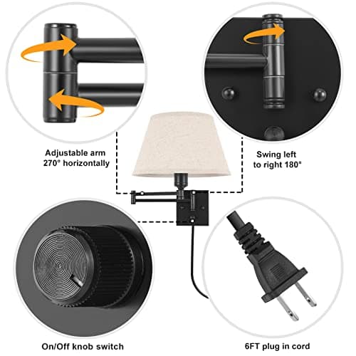 TRLIFE Wall Sconce Plug in, Remote Control Dimming 10-100% and Adjustable Color Temperature 2700K-6500K Swing Arm Wall Lights with Plug in Cord, 11.8" Large Beige Fabric Shade(2 Pack, 2 Bulbs)
