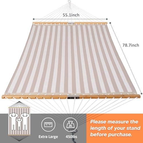 SUNCREAT Hammocks 14 FT Quick Dry Hammock Double Size with Spreader Bar, 2 Person Hammock for Outdoor Patio Yard Poolside, 450 lbs Capacity, Light Gray Stripes
