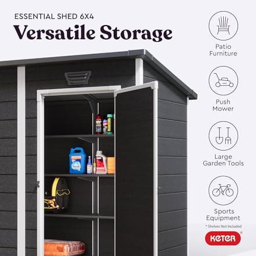 Keter Essential Shed 6x4 Resin Outdoor Storage Shed Ideal Storage for Patio Furniture, Garden Tools Bike Accessories, Beach Chairs and Lawn Mower, Black and White
