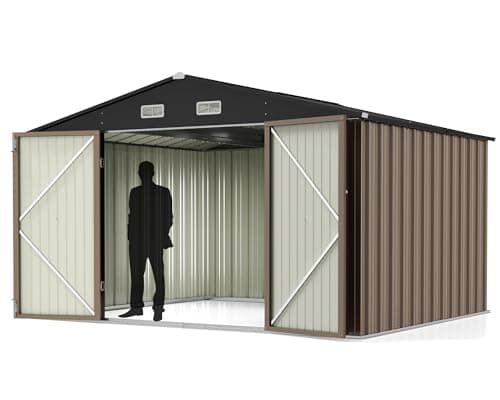 Greesum Outdoor Storage Shed 10 x 8 ft. Utility Tool Shed Metal Storage Garden Shed with Door & Lock for Patio Storage, Brown
