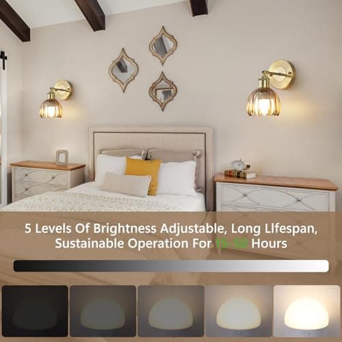 Vintage Battery Operated Wireless Wall Sconces, Rechargeable Gold Wall Lights，Amber Tulip Glass Lampshade With Remote Dimmable Wall Lighting Indoor, Led Wall Lamp Fixtures For Bedroom, Living Room