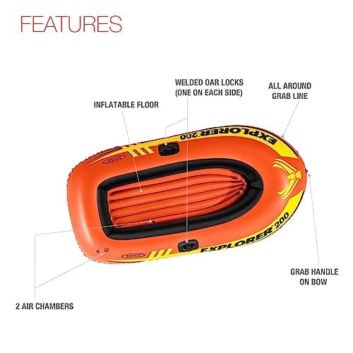 INTEX Explorer Inflatable Boat Series: Dual Air Chambers – Welded Oar Locks – Grab Handles – Bow Rope – Sporty Design
