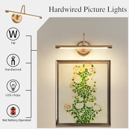JOOSENLUX Modern Brass Picture Light Hardwired - 16.54'' for Wall Painting and Artwork Display - 7W LED Wall Lights(45W Eqv.) - Warm White 3000K - Hard Wired Connection with Swing Arm