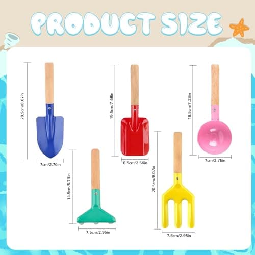 Beach Toys, 5 Pcs Kids Garden Tools, 8'' Children Beach Sand Toys Gardening Set with Sturdy Wooden Handle, Safe Kids Metal Beach Shovel with Spoon, Fork, Rake, Flat Shovel & Pointed Shovel