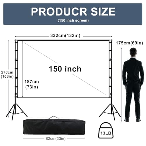 150"-Projector-Screen-with-Stand,HUANYINGBJB Outdoor Projection Screen, Portable 16:9 4K HD Rear Front Movie Screen with Carry Bag for Theater Backyard Movie Night,Cinema School, Churches, Parties