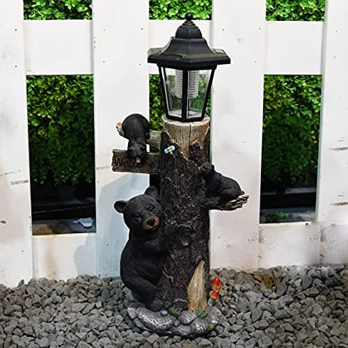Bear Statue Welcome Sign Garden Statue with Solar Lights, 19 Inches Resin Bear Family on The Tree, Outdoor Bear Décor for Yard, Garden, Lawn, Patio, Black and Brown Animal Statue