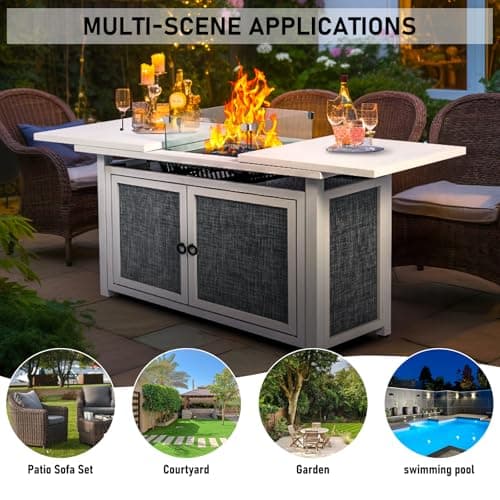 42inch Propane Fire Pit Table, Rectangular Gas Firepit Table with Removable Desktop,2 Tier Storage Shelves, Tempered Glass and Rain Cover for Garden, Patio & Backyard (White)