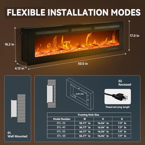 EUHOMY 50 Inch Electric Fireplace Wall Recessed and Wall Mounted with Adjustable Flame Color, Fireplace Heater with Remote Control, Linear Fireplace with Timer, Touch Screen, Log & Crystal, 750/1500W